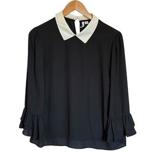 ELLE Black Sheer Blouse Top White Collar Bell Sleeves Ruffle MEDIUM